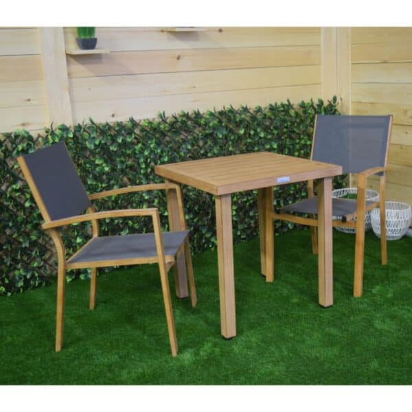 Ensemble table carré et 2 chaises aluminium imitation bois